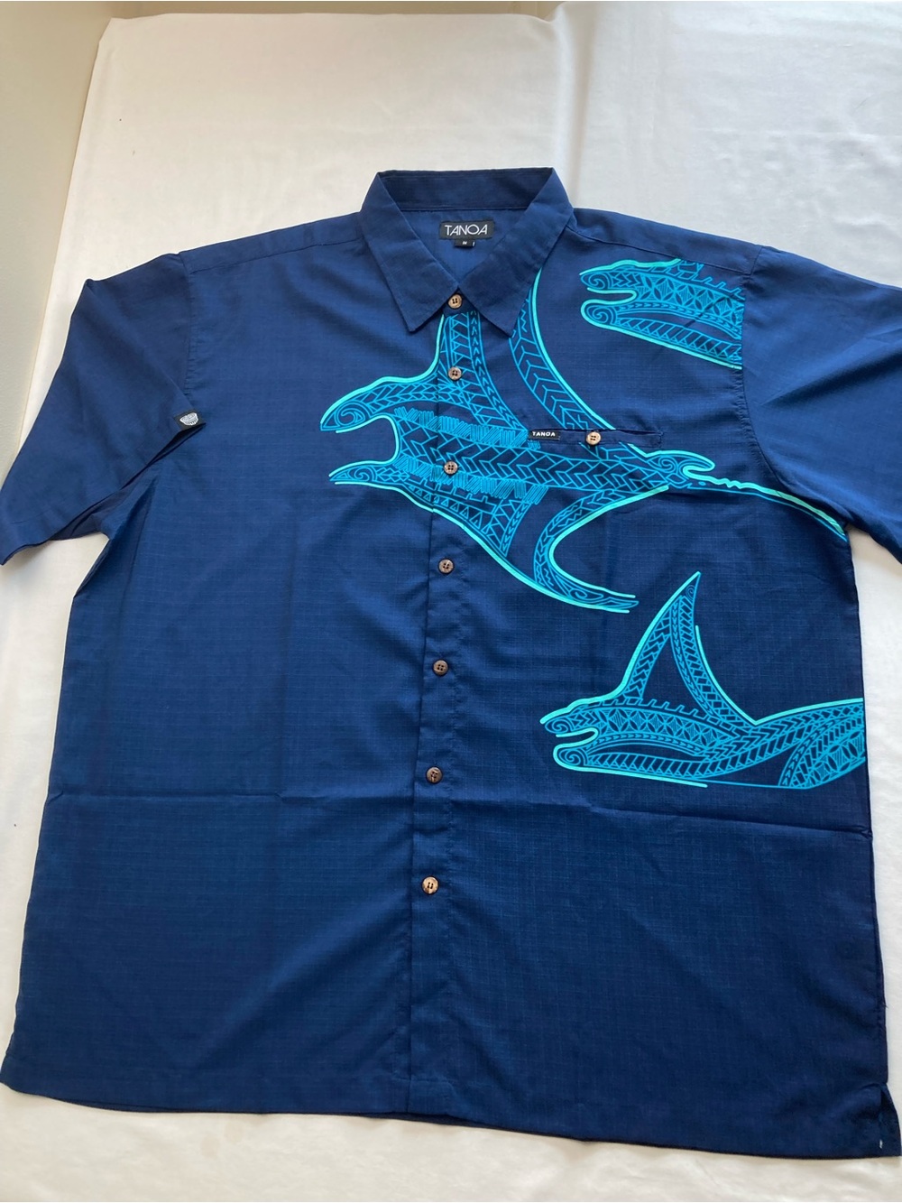Tano SAMOA Polynesian Navy Shirt with Teal Tribal Tattoo Manta Print 3X